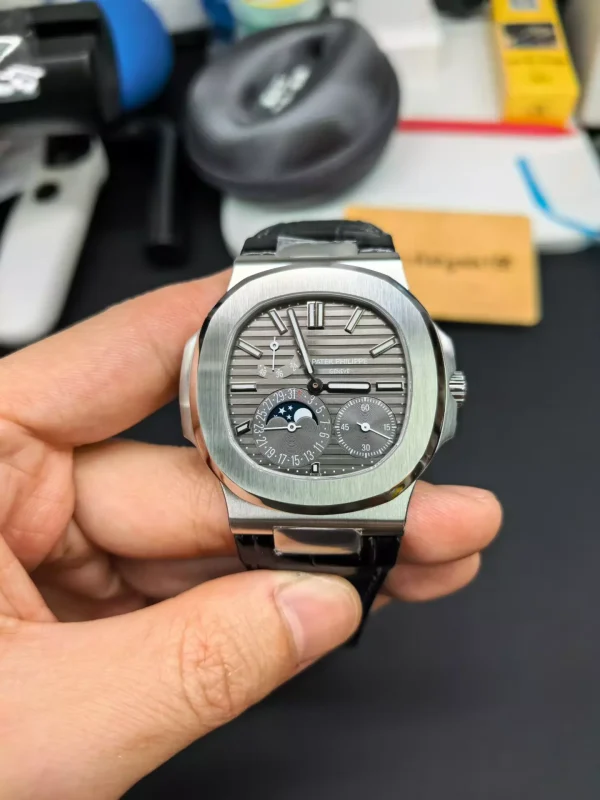 202606061823 (2) Patek Philippe Nautilus 5712G-001 SS Gray Dial Black Leather Strap Super Clone 240 Movement